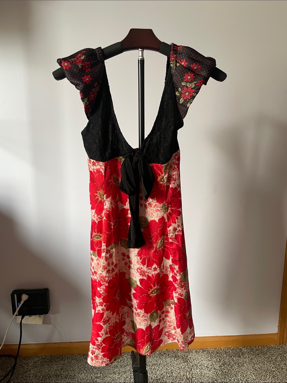 Free People Black & Red Floral Tie-Back Slip Dress